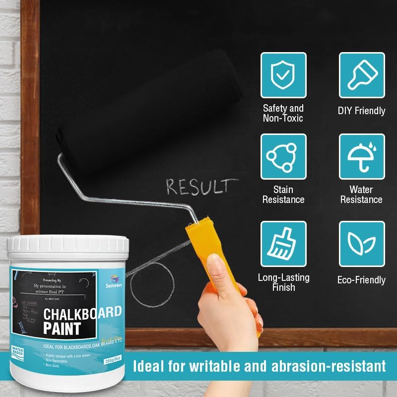 SENVEN Chalkboard Paint Black Chalk Board Paint for Wood, Metal, Glass, Wall, Plaster Boards Sign, Frame, Interior/Exterior, All-in-One Primer & Top Coat, Black Matte Finish, Acrylic, Non-Toxic, 250g, 9oz - Image 3